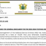 NSS Released Pin Codes for Enrolment of the 2023/2024 Postings.