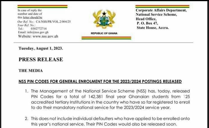 NSS Released Pin Codes for Enrolment of the 2023/2024 Postings.