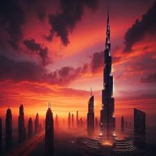 Burj Khalifa standing tall against a sunset sky