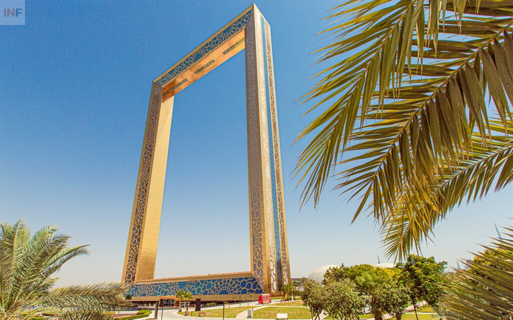 The golden Dubai Frame towering above the city