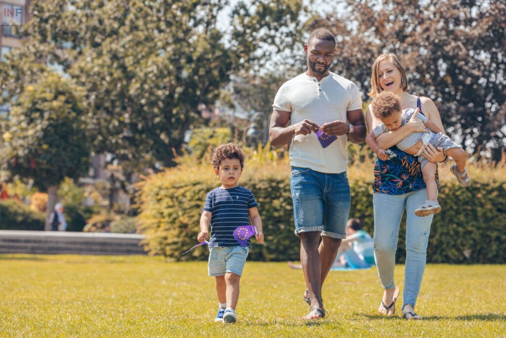 A family is walking in the park