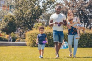 A family is walking in the park